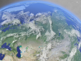 Russia with surrounding region as seen from Earth's orbit in space. 3D illustration with highly detailed planet surface and clouds in the atmosphere. Elements of this image furnished by NASA.
