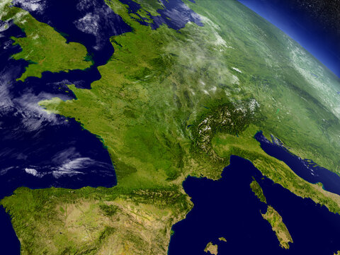 France with surrounding region as seen from Earth's orbit in space. 3D illustration with highly detailed planet surface and clouds in the atmosphere. Elements of this image furnished by NASA.