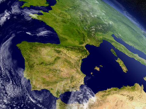 Spain and Portugal with surrounding region as seen from Earth's orbit in space. 3D illustration with detailed planet surface and clouds in the atmosphere. Elements of this image furnished by NASA.