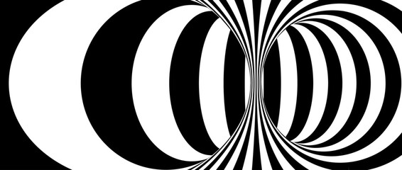 Abstract hypnotic distorted lines background. Black and white optical illusion tunnel wallpaper. Psychedelic twisted stripes pattern. Horizontal template for posters, banners, cover. Vector
