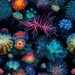 Fototapeta na wymiar Seamless pattern texture Underwater world with fluorescent orange and turquoise jellyfish at night. AI Generation 