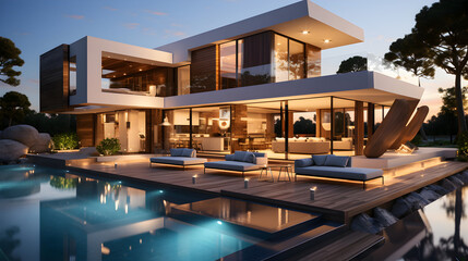 Fototapeta premium villa house with swimming pool, modern and futuristic style Generative AI