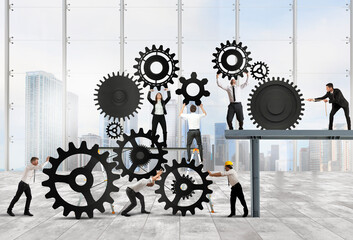 Teamwork of businesspeople work together to a system of gears - obrazy, fototapety, plakaty