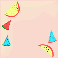  multicolor watermelon pieces summer background. Colorful watermelon background template