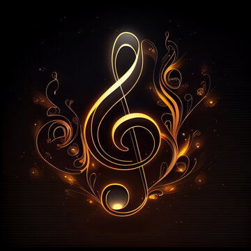 Image of a musical treble clef on an isolated black background. Generative AI