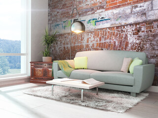 Bright interior with sofa in a modern style . 3D rendering