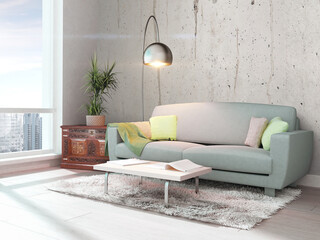 Bright interior with sofa in a modern style . 3D rendering