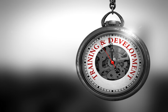 Business Concept: Pocket Watch with Training And Development - Red Text on it Face. Training And Development Close Up of Red Text on the Vintage Watch Face. 3D Rendering.