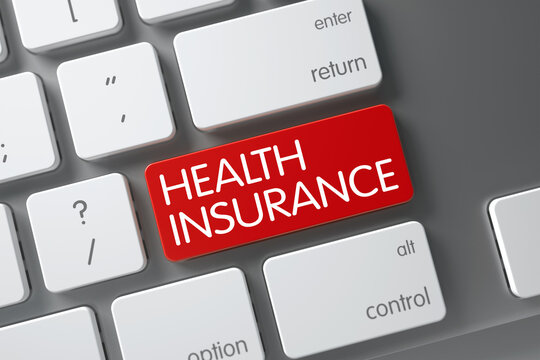 Concept of Health Insurance, with Health Insurance on Red Enter Keypad on Modern Laptop Keyboard. 3D Render.