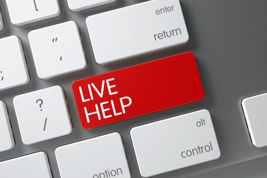 Live Help Concept: Laptop Keyboard with Live Help, Selected Focus on Red Enter Keypad. 3D Illustration.