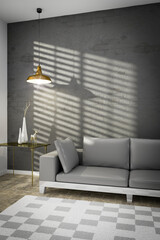 3d rendering of a living room with a sofa and sunlight on the wall