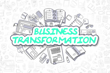 Doodle Illustration of Business Transformation, Surrounded by Stationery. Business Concept for Web Banners, Printed Materials.