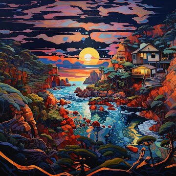 neo fauvist hippy communes in the style of technological advanced coastal miwok