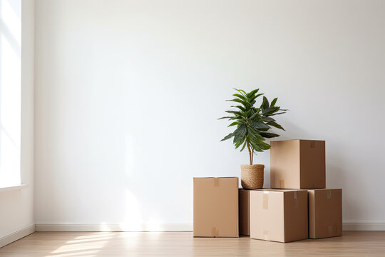 Cardboard boxes and plant in a white room prepared for moving, Generative AI