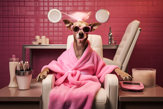 Generative AI. Humanised animals concept. funny character personage. humanized dog in pink bathrobe in spa salon. Body care spa treatment