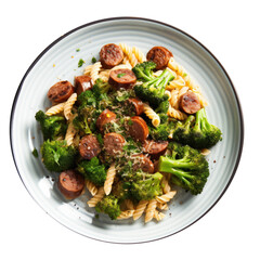 Delicious Plate of Pasta with Broccoli and Sausage isolated on a Transparent Background