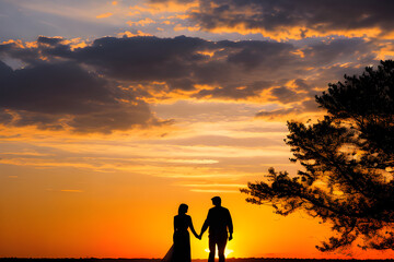 Fototapeta na wymiar A cozy and romantic sunset scene with two people silhouetted against the backdrop, holding hands