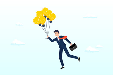 Smart businessman manager holding light bulb floating balloon flying high in the sky, big idea to solve business problem, invention or innovation to drive business growth or work achievement (Vector)