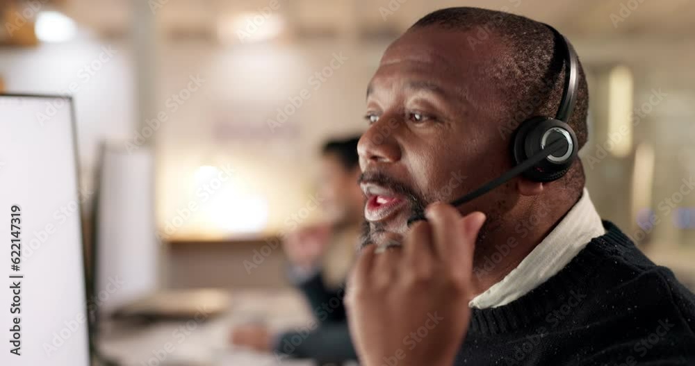 Poster call center, black man and communication of consultant for customer service, contact us or working l