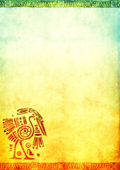 Background with grunge paper texture of yellow and blue color and American Indian traditional patterns with heron