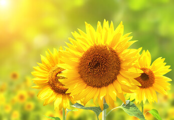Bright yellow sunflowers on blurred sunny background