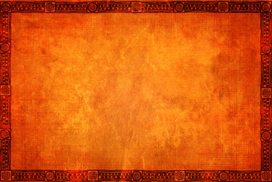 Background with grunge paper texture of orange color and American Indian traditional patterns