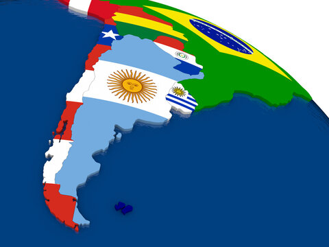 Map of Argentina and Chile with embedded flags on 3D political map. Accurate official colors of flags. 3D illustration