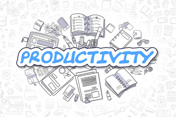Fototapeta premium Productivity - Hand Drawn Business Illustration with Business Doodles. Blue Word - Productivity - Cartoon Business Concept.