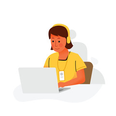 Woman in shirts working with focus in front of laptop while listening to music using headphones