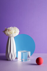 dimensional compositions of geometric shapes concept. transparent cube with circles and flower in...