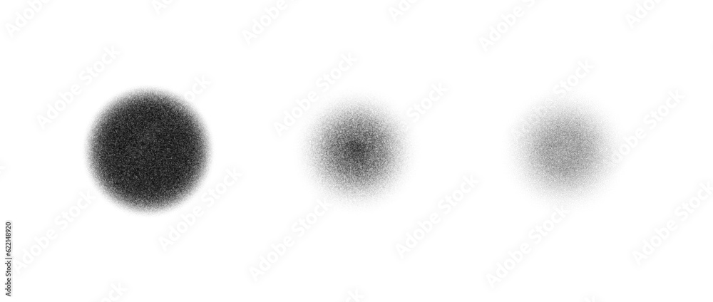 Poster stippled texture circle set. black dotted round element collection. fading noise grain dot work shap