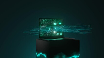 Sending message from a laptop screen and connecting to social media with a luminous animation in 4K - Powered by Adobe