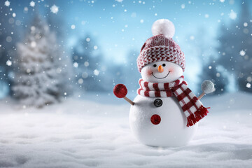 Naklejka na ściany i meble Winter Wishes Merry Christmas and Happy New Year Greeting Card with Copy Space - Happy Snowman Standing in Christmas Landscape, Embracing the Winter Fairytale, created with Generative AI