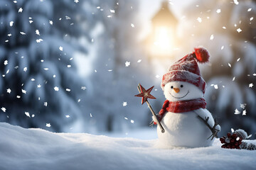 Naklejka na ściany i meble Winter Wishes Merry Christmas and Happy New Year Greeting Card with Copy Space - Happy Snowman Standing in Christmas Landscape, Embracing the Winter Fairytale, created with Generative AI