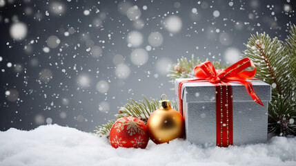 Fototapeta na wymiar Festive Treasures Gift Box, Christmas Ball, Pine Tree, and Snow - Captivating Christmas Decoration, created with Generative AI