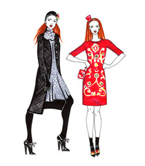 Fashion Sketch of Two Beautiful Women. Hand Drawn Modern Stylish Girl Concept in Red and Black Colors.