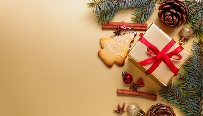 Christmas decoration composition on light gold background with beautiful Golden gift box with red ribbon, fir branches, cones, stars, Christmas cookies, cinnamon, top view, copy space, banner format.