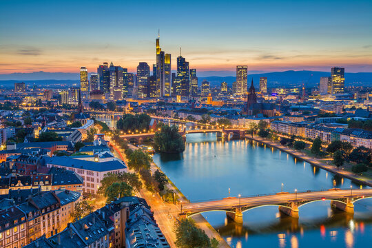 Image of Frankfurt am Main skyline during twilight blue hour.