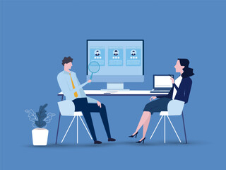 Business people team meeting and research resume Profile for job interview and hiring. cartoon character design concept. flat vector illustration.