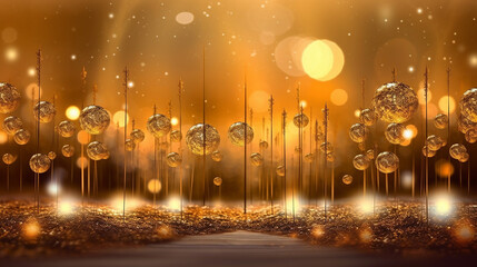 Obraz premium A golden bokeh, with defocused lights in warm hues of gold. Generative AI 