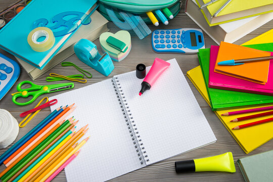 Student equipment with colorful stationery and notebook, back to school concept.