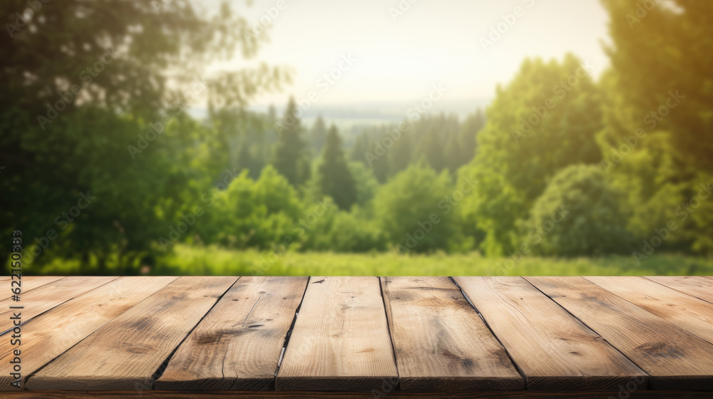 Wall mural empty wooden table with green background