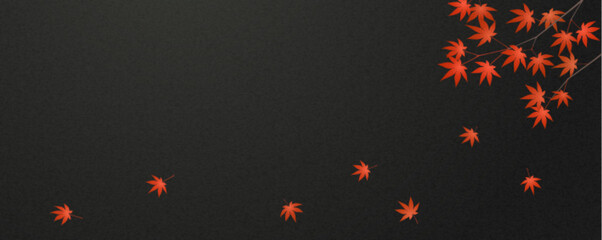 赤い紅葉の枝と葉と黒い和紙背景のイラスト　バナー、ヘッダーデザイン