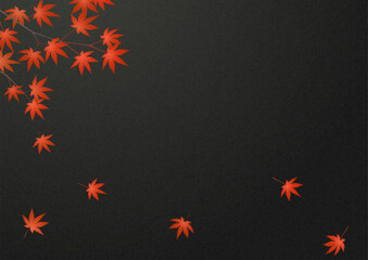 赤い紅葉の枝と葉と黒い和紙背景のイラスト A4サイズ
