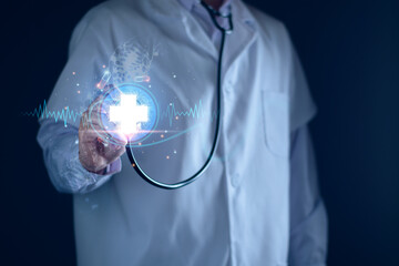 Medicine doctor touching medical global network, Computing electronic medical record. DNA. Digital...