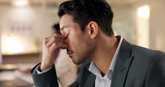 Night stress, worry and business man on computer editing report, online mistake or problem in office. Headache, fatigue and tired editor, journalist or asian person reading news, blog or wrong email