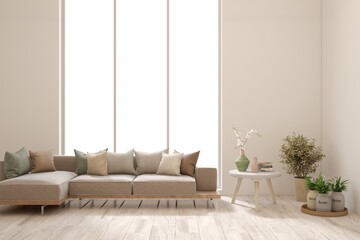 White modern interior design with sofa. Scandinavian interior design. 3D illustration