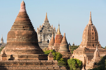 Fototapeta premium Late afternoon sun shines on old pagodas, even on the largest Thatbyinnyu Temple in the ancient city of Bagan, Myanmar