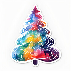 Illustration, AI generation. Christmas tree sticker. Abstract colorful icon.