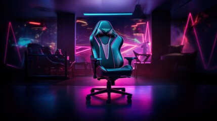 Gaming chair with neon lights visually striking ambiental scene that transports players into the game's immersive world.